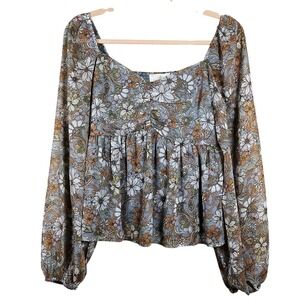 Sunland 17 Floral Square Neck Puff Sleeve Retro Boho Blouse
